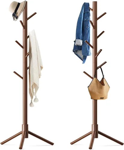 Vista 12 de Perchero de madera independiente con 8 ganchos, fácil montaje, perchero de pino de Nueva Zelanda, 3 tamaños ajustables para ropa, sombreros, bolsas