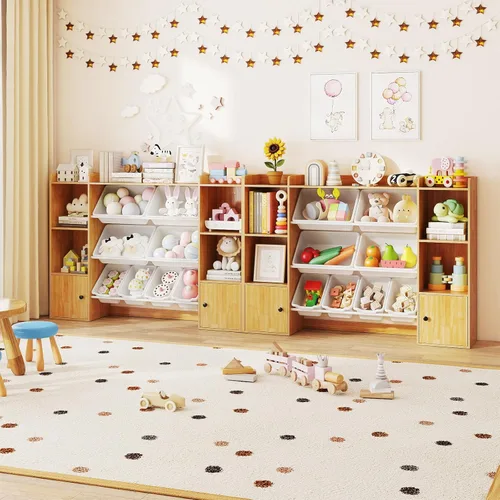 Vista 2 de HONEY JOY Organizador de almacenamiento de juguetes para niños, armario de madera de 56.5 pulgadas de largo con 8 contenedores extraíbles, estantes