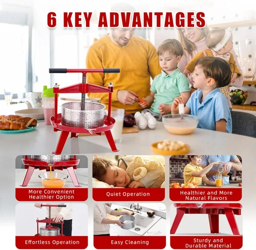 Vista 3 de Prensa de frutas y vino de acero inoxidable de 1.32 galones, prensa manual con mango en T, estructura triangular estable para exteriores y cocina