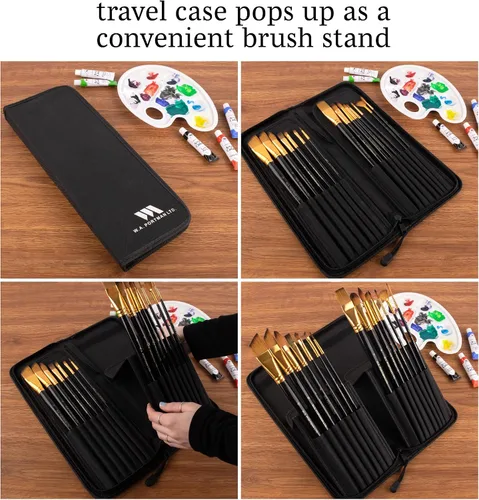 Vista 3 de WA Portman - Juego de 15 pinceles profesionales para pintura, herramientas multiusos para acrílico, acuarela, gouache y pintura al óleo, kit