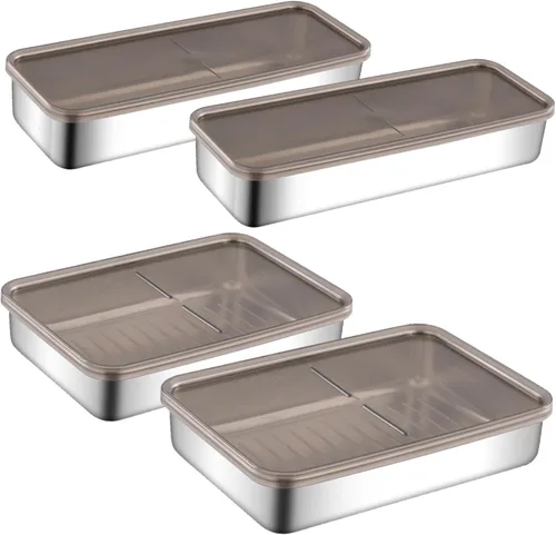 Vista 7 de Recipiente de tocino para refrigerador, 2 unidades, recipiente grande de acero inoxidable para nevera, antiadherente, apilable, estilo japonés