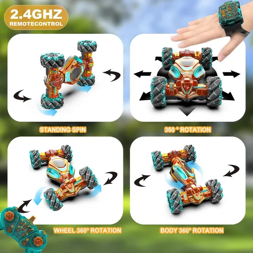Vista 2 de Coches RC, juguetes de coche de acrobacias con detección de gestos 1:12 para niños de 6 a 12 años, juguete de control remoto a mano 4WD con rotación