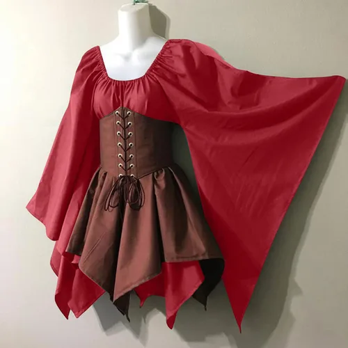 Vista 7 de pbnbp Vestidos medievales renacentistas con corsés, trajes de hadas de elfo de Halloween, manga mariposa, dobladillo irregular, disfraces de feria
