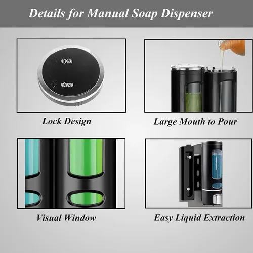 Vista 4 de Dispensador de jabón montado en la pared, bomba de ducha negra de 13.5oz/400ml, dispensador de jabón líquido recargable transparente, dispensador