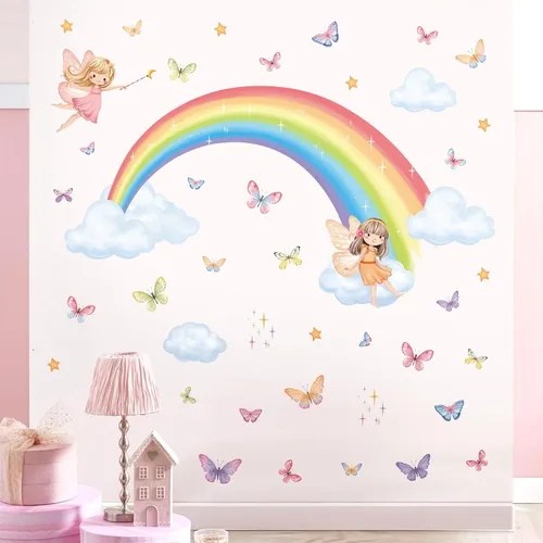 Vista 2 de Decalmile - Calcomanías de pared con diseño de hadas, mariposas y arco iris