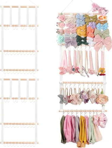 Vista 10 de POVETIRE Organizador de lazos para el pelo con soporte para diadema para niñas, organizador de almacenamiento para diademas y accesorios para bebé