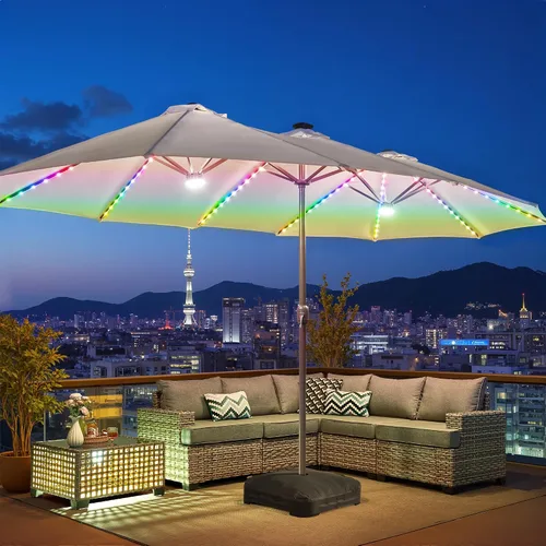 Vista 22 de HOOOWOOO Sombrilla de doble cabeza de 15 pies para patio al aire libre con Beige