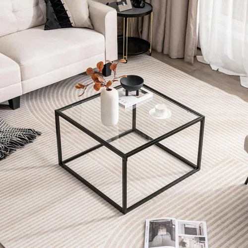 Vista 2 de COSTWAY Mesa auxiliar de cristal, mesa cuadrada de cristal de 27.5 pulgadas con marco de metal, mesa de té central moderna para sala de estar