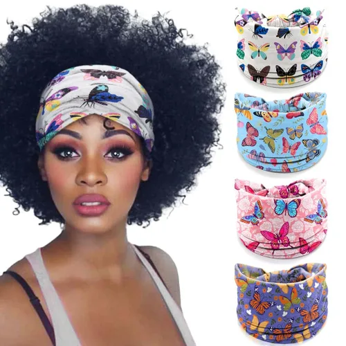 Vista 9 de Diademas para el cabello – Diademas bohemias de mariposa elásticas anudadas con estampado floral para mujeres y niñas, paquete de 4 (mariposa A)