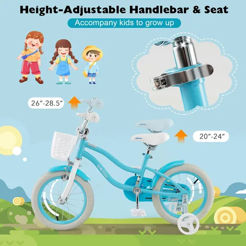 Vista 2 de BABY JOY Bicicleta infantil, 12 14 16 18 20 pulgadas, para niños y niñas, con asiento ajustable, cesta removible, freno de mano y freno