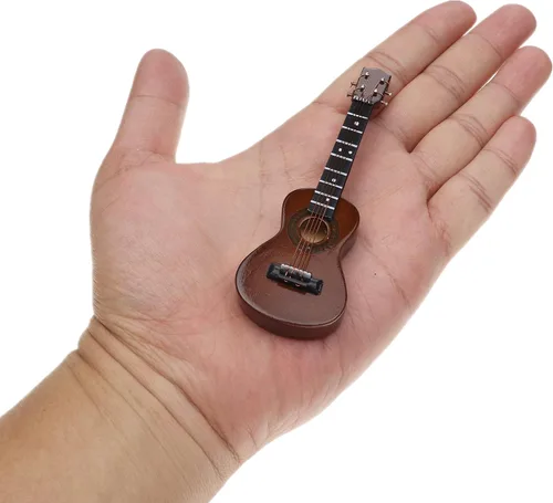 Vista 2 de Ukelele miniatura de madera con soporte y estuche, mini instrumento musical, réplica de ukelele, figuras coleccionables, modelo de decoración
