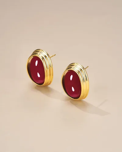 Vista 3 de Aretes gruesos chapados en oro de 18 quilates, con diseño ovalado, ovalado, con forma de cúpula exagerada y redondeada, hechos a mano, con botón