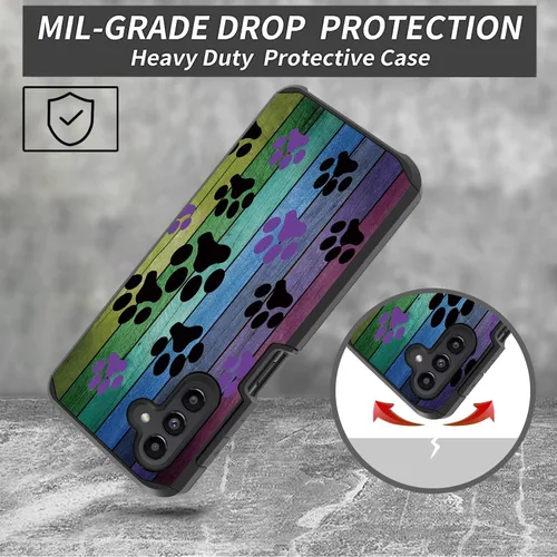 Vista 3 de Funda para Galaxy A13 5G/Galaxy A04S, diseño de tablero de madera rústica con estampado de patas de perro, resistente 2 en 1, de doble capa, híbrida