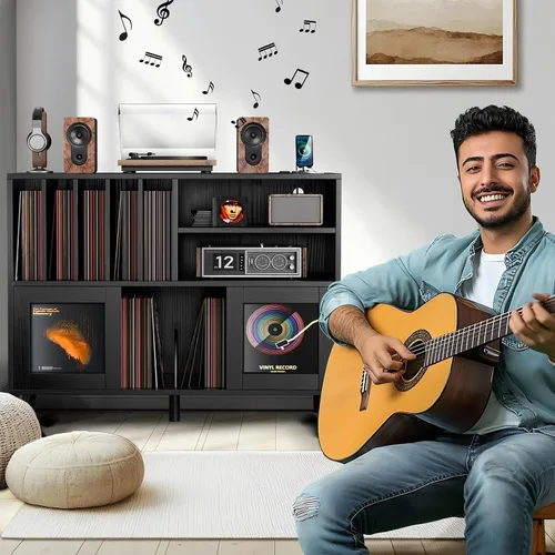Vista 3 de Soporte XL para tocadiscos con puertas correderas, más de 500 unidades de Negro
