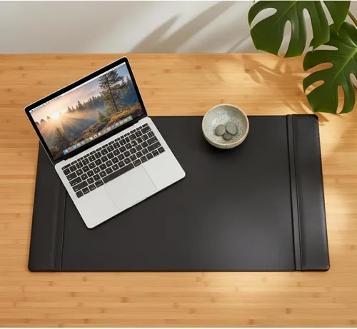 Vista 6 de DACASSO Tapete clásico de cuero para escritorio con rieles laterales - Secante de escritorio de cuero de lujo para escribir - Protector acolchado