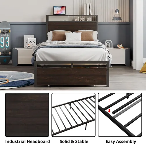 Vista 3 de LIKIMIO - Marco de cama individual con cajón y estación de carga, color marrón oscuro 2-Tier Storage Headboard with Metal Construction Frame, No