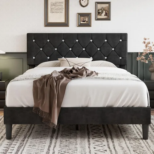 Vista 10 de VECELO Base de cama tamaño individual con plataforma tapizada con cabecera ajustable de botones de diamante, soporte de listones de madera,
