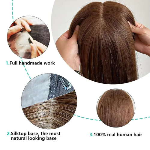 Vista 3 de Toppers de cabello humano para mujer, base plateada de 12 pulgadas, 6 x 6.5 pulgadas con trama para mujeres con pérdida de cabello, cabello delgado