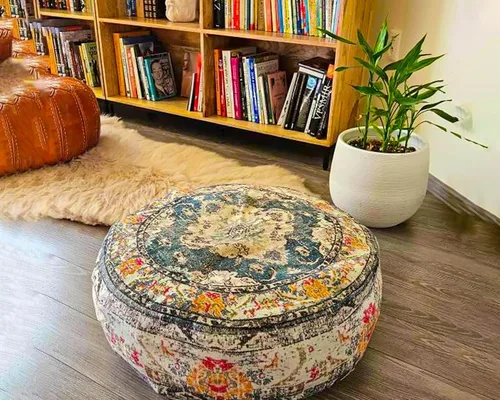 Vista 4 de Funda de almohada marroquí para suelo, color azul, redondo, estilo bohemio, decoración de habitación, zona de estar marroquí, puf otomano perfecto