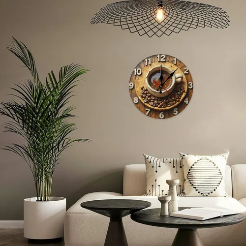 Vista 5 de Reloj de pared para decoración del hogar, diseño rústico de taza de café marrón, con estampado de taza A, funciona con pilas, silencioso, sin