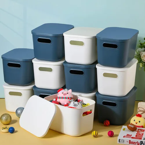 Vista 6 de Thyle Paquete de 12 contenedores de almacenamiento de plástico azul y blanco con tapas, contenedor de almacenamiento apilable para regreso a clases