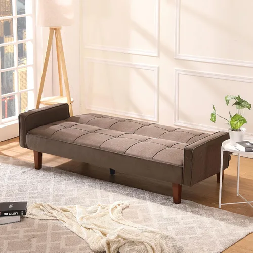 Vista 7 de Sofá cama moderno y simple, respaldo ajustable, sofá funcional con diseño de cuadrícula clásica, sofá de tres asientos, marco de madera, adecuado