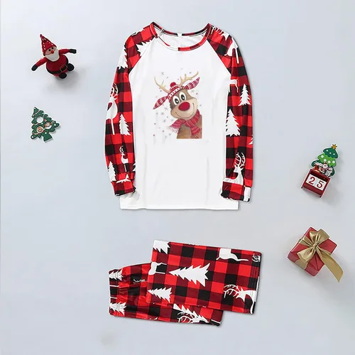 Vista 2 de Pijamas de Navidad familiares a juego divertidos conjuntos de pijamas de Navidad con bloques de color rojo pijamas de Navidad para la familia