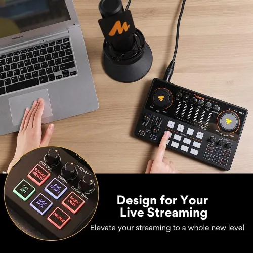 Vista 16 de MAONO Kit de Equipo de Podcast Interfaz de Audio de 10 Canales y Micrófono Dinámico XLR MaonoCaster con Preamplificador Profesional, 48V, Bluetooth