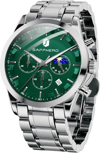 Vista 11 de SAPPHERO Relojes para hombre, cronógrafo, de acero inoxidable, impermeable, cuarzo, para negocios, casual, reloj de vestir para hombre, fecha Negro
