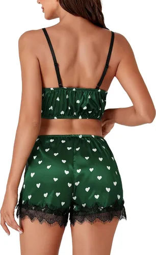 Vista 4 de LYANER Conjunto de pijama de satén con lunares para mujer, 3 piezas, lencería de encaje, ropa de dormir con bata