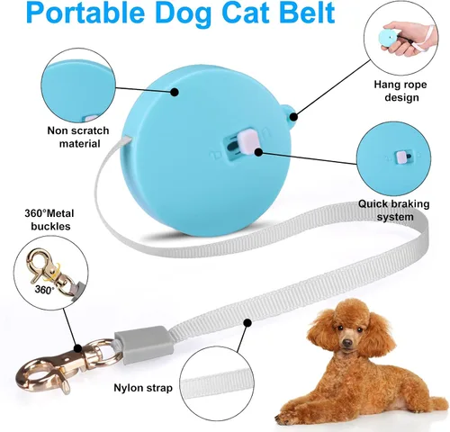 Vista 3 de Correa retráctil para perros pequeños y gatos de hasta 11 libras con cinta de nailon fuerte antitirones de 6.5 pies, manos libres, mini correa Azul