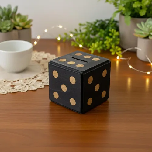 Vista 2 de Cubo de dados (negro) Enigma IQ Caja de rompecabezas con cerradura secreta y soporte para regalo