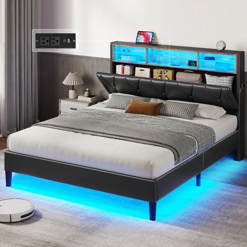 Vista 9 de HAUOMS - Base de cama de tamaño matrimonial con cabecera de almacenamiento y luces LED RGB, color crema