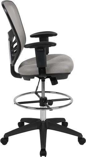 Vista 7 de Flash Furniture Silla de dibujo ergonómica de malla gris claro con anillo de pie cromado ajustable, brazos ajustables y marco negro Malla gris