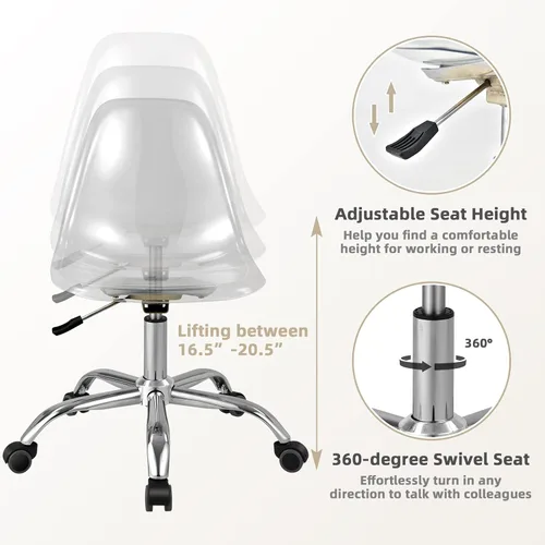Vista 4 de Giantex Silla de escritorio de acrílico, silla enrollable de oficina transparente sin brazos, silla fantasma de ocio ajustable con base cromada