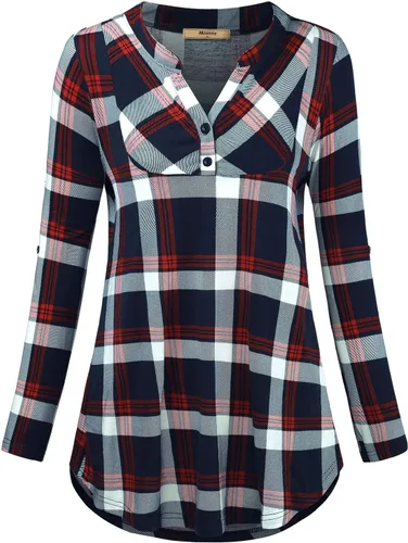 Vista 2 de Miusey Blusa tipo túnica holgada con cuello en V y manga enrollada para mujer