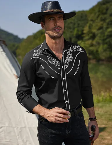 Vista 2 de COOFANDY Men's Cowboy Shirts Embroidered Rose Design Shirt Western Long Sleeve Button Down Shirt