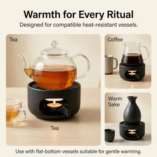 Vista 5 de Calentador de tetera de cerámica mate con cuchara de vela extraíble, base de calentador de té de bajo perfil para teteras de vidrio o cerámica Negro