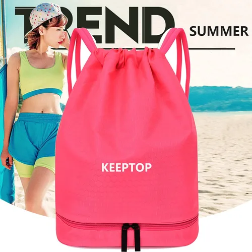 Vista 2 de Mochila impermeable con cordón para natación, salida seca y húmeda, gimnasio, yoga, deporte, hombro, mochila casual, Rosado, 15.4*11.8*7, Mochilas