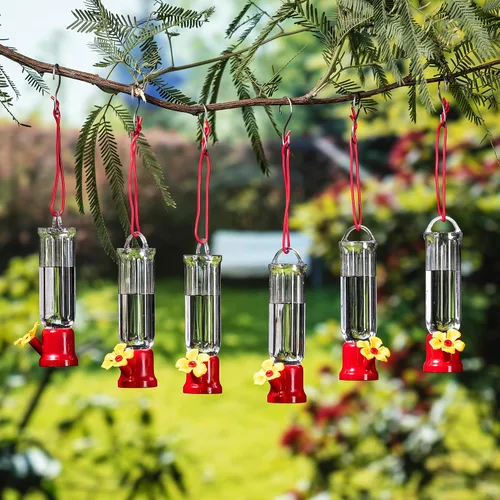 Vista 8 de JOIEDOMI Juego de 6 mini comederos para colibríes con cables para colgar, juego de comederos transparentes para colibríes al aire libre con 3