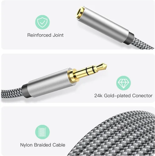 Vista 6 de Cable de extensión de auriculares de 0.138 in de 4 pies, extensor de cable auxiliar trenzado de nailon para teléfonos inteligentes, tabletas