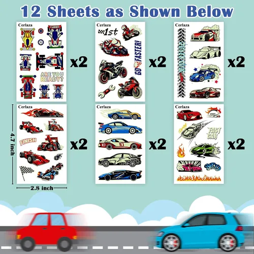 Vista 2 de Cerlaza Tatuajes temporales luminosos para niños, 90 estilos de autos brillantes para fiestas de cumpleaños, decoraciones de recuerdos, calcomanías