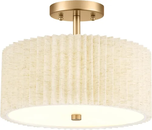 Vista 20 de Lámpara de Techo Semiempotrada Dorada, 3 Luces Accesorios de Iluminación de Techo de 12.5" con Pantalla de Tela en Forma de Flor, Luces de Tambor