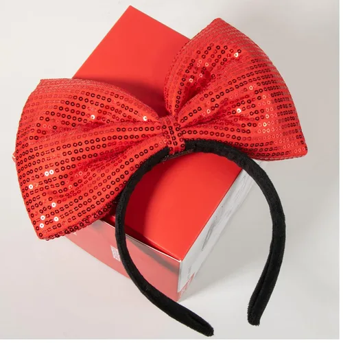 Vista 3 de CHuangQi Diademas de lazo rojo con lentejuelas de doble cara para niñas y mujeres, lindas bandas para el cabello hechas a mano para fiestas o cosplay