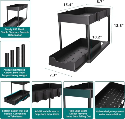 Vista 2 de MEAFBIRD Paquete de 2 organizadores para debajo del fregadero, organizador de gabinete de baño de 2 niveles con cesta deslizante, organizadores
