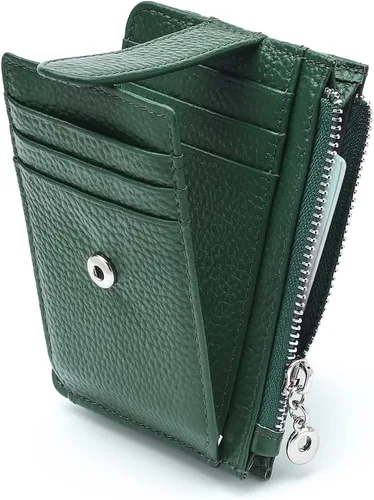 Vista 14 de Cartera delgada para mujer, de piel auténtica, tarjetero delgado con bloqueo RFID, carteras pequeñas