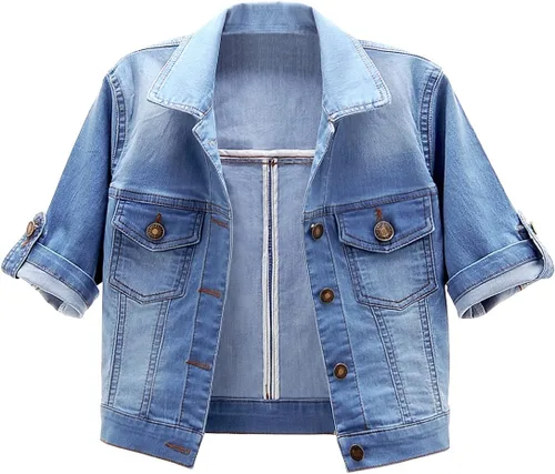 Vista 12 de Chaqueta de mezclilla de manga corta para mujer, con botones, chal elástico