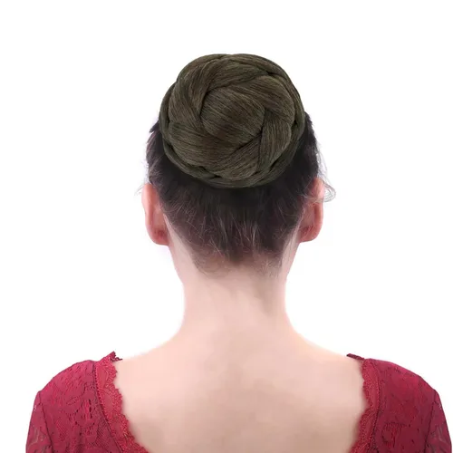 Vista 2 de Moño trenzado mixto de 5 pulgadas de diámetro marrón rojizo y negro, moño trenzado con peines integrados para mujeres, fiestas, bodas, bailes, 2009