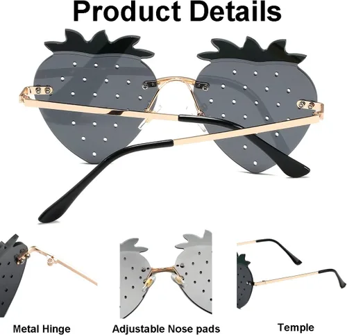 Vista 5 de JOVAKIT Gafas de sol con forma de fresa para mujeres y hombres, gafas de sol retro sin montura para fiesta rave, gafas de Halloween (doradomorado)