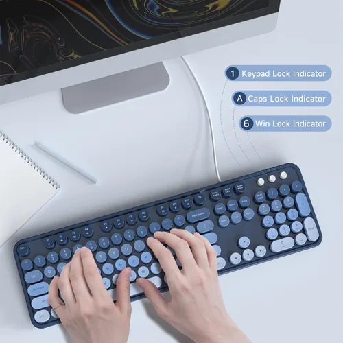 Vista 5 de MOFII Teclados de computadora con cable, teclado USB de tamaño completo Plug Play, bonito teclado estético colorido con soportes plegables